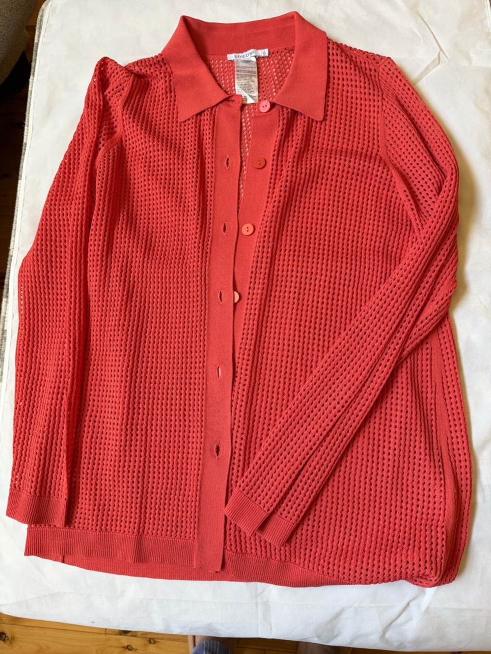Chico's Coral Open-Knit Button-Front Shirt
